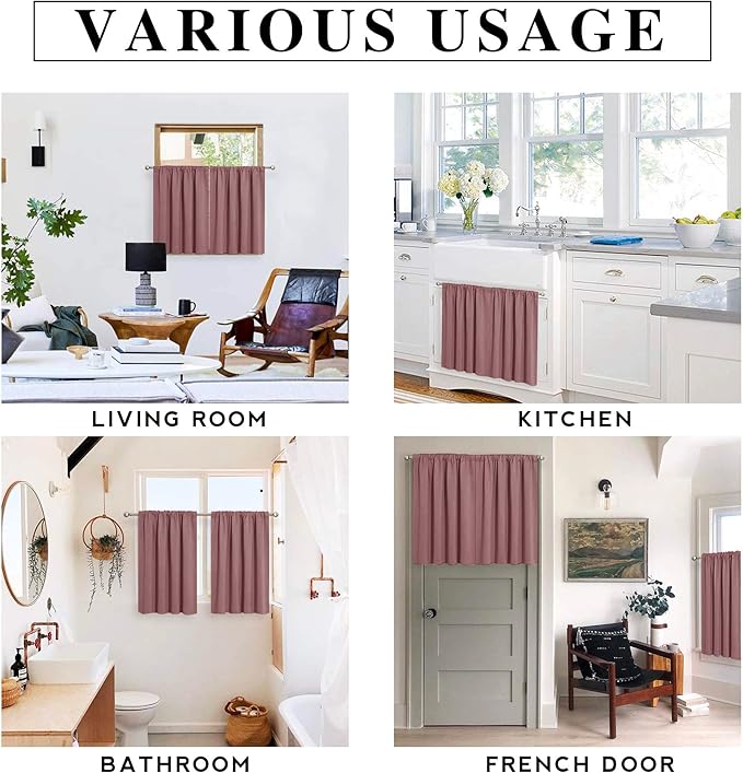 RYB HOME Small Curtains Blackout - Privacy Energy Efficiency Mini Curtains for Kids Bedroom RV Camper Windows Trailer Bathroom Kitchen Cabinet Window Tiers, W 29 x L 30, Dusty Rose, 2 Panels