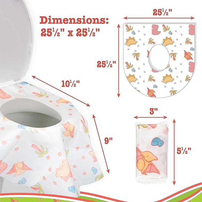 Toilet Seat Covers Disposable (12 pk, Dinosaurs) - XL Waterproof Toilet Cover for Toddlers, Kids & Adults - Portable & Individually Wrapped for Travel, Potty Training, Public Restrooms