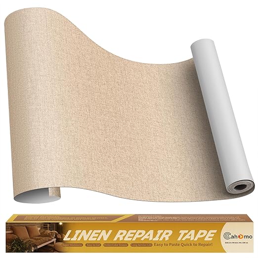 Linen Repair Tape 16x90 inch, Self Adhesive Fabric Patches, Linen Patch Tape Kit, Fabric Repair Tape for Couch Sofas, Headboards, Chairs, Pillows, Curtains, Couches - Dark Beige