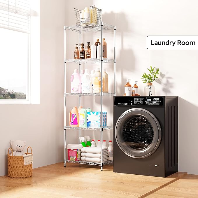 5 Tiers Shelf Metal Storage Shelves Wire Rack Closet Organizers with Wheel for Garage Kitchen Bathroom Laundry Chrome 11.8" D x 17.7" W x 55" H
