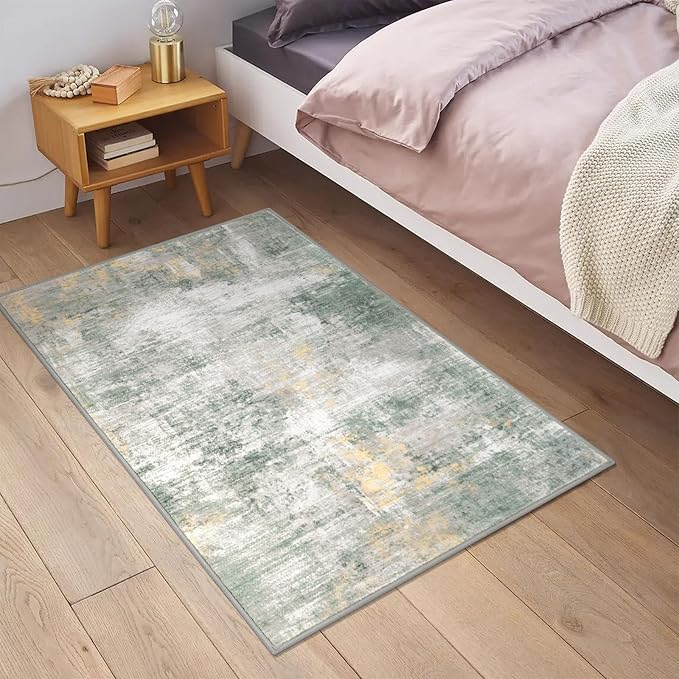 IOHOUZE Small Abstract Area Rug 2x3 Ft Entryway Rugs Washable Door Mat Indoor Entrance, Printed Faux Wool Non Slip Floor Carpet for Foyer Front Door Sink, Light Green/Gray/Orange