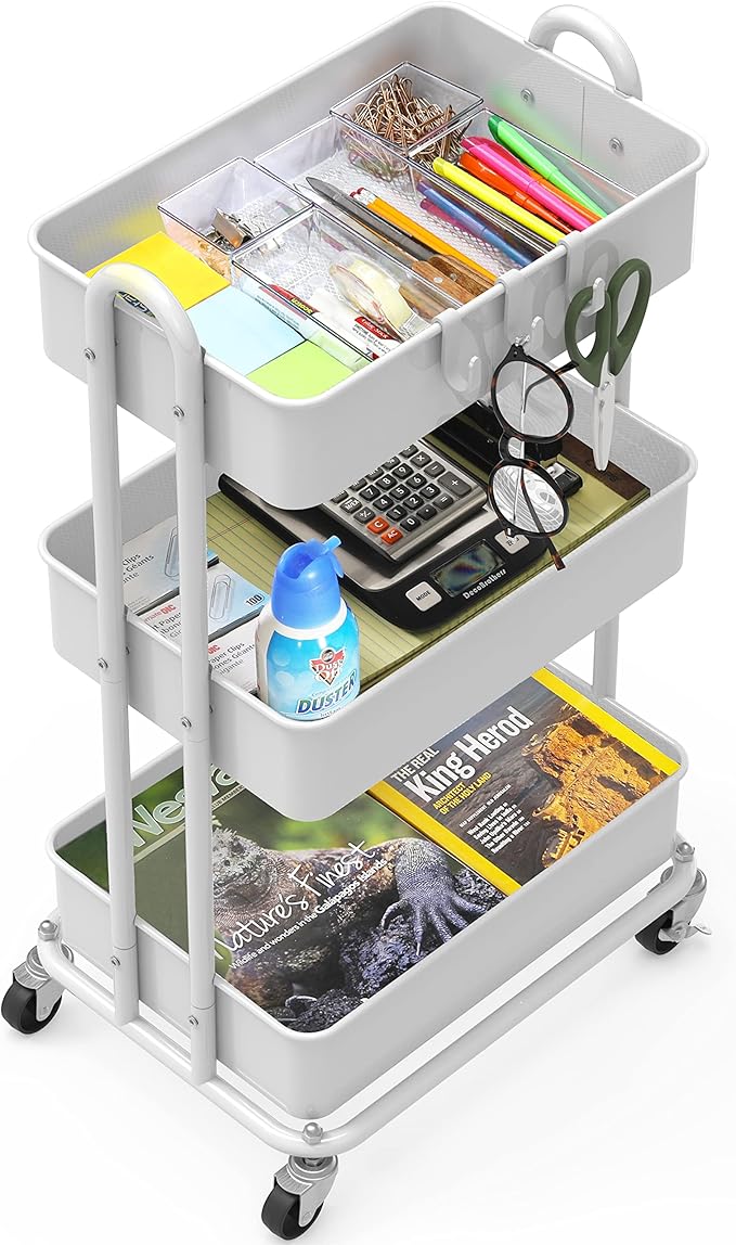 Simple Houseware 3-Tier Heavy Duty Metal Utility Rolling Cart, White