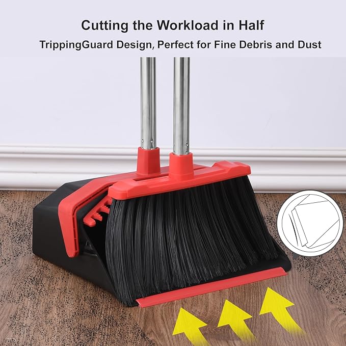 Upgrade Broom with Dustpan Combo Set, Broom and Dustpan Set with 51'' Long Handle, Dust Pan and Brooms, ZeroGap Lip, Self-Cleaning Dustpans Teeth for Lobby Kitchen Restaurant - Black and Red