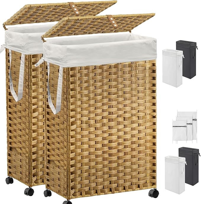 70L Slim Laundry Hamper with Lid & Wheels, 2-Park Rolling Laundry Basket with 4 Removable Liner Bags & 3 Mesh Bags, Narrow Dirty Clothes Basket, Foldable Handwoven Rattan Laundry Sorter, Natural
