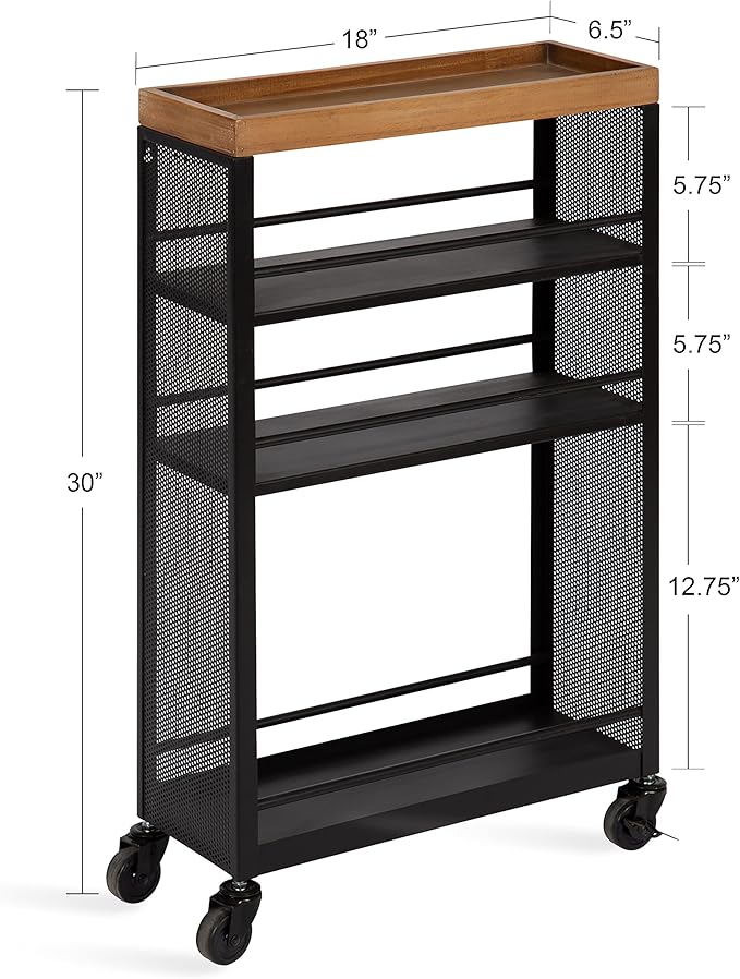 Kate and Laurel Piazza Decorative Slim Storage Cart, 18 x 7 x 30, Natural Wood and Black, Decorative Narrow Rolling Cart with Locking Wheels and Three Storage Shelves for Kitchen or Laundry Room
