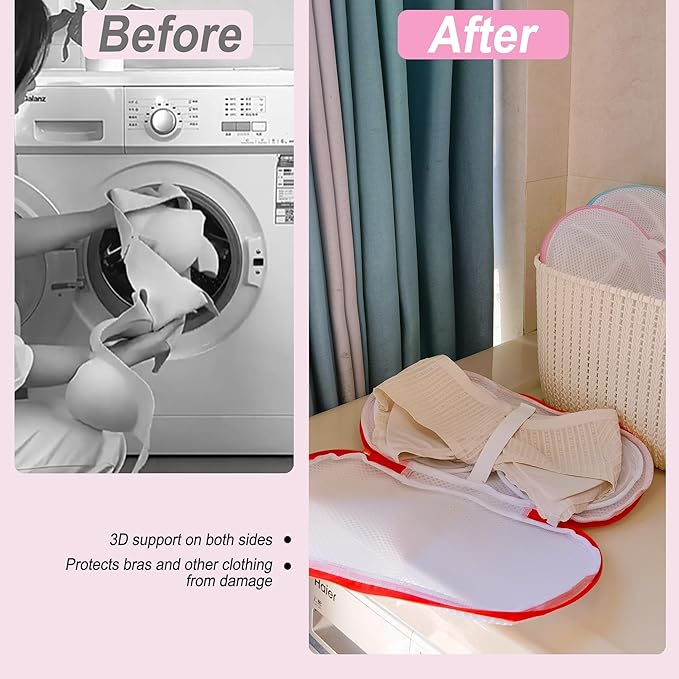 8 Pcs Bra Wash Bags for Laundry - Lingerie Mesh Bag Set Underwear Brassiere for Washing Machine With Zipper for Women Delicates Pink (32A-36C Cup)