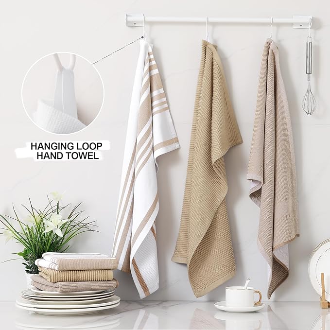 Homaxy Premium Kitchen Towels(18”x 28”, 9 Pack), Large Cotton 380 GSM Kitchen Hand Towels, Soft and Absorbent Terry Dish Towels, Multipurpose Tea Towel Set with Hanging Loop, Khaki