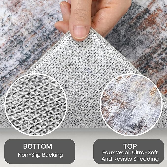 IOHOUZE Small Abstract Area Rug 2x3 Ft Entryway Rugs Washable Door Mat Indoor Entrance, Rubber Backed Throw Rugs, Printed Faux Wool Non Slip Floor Carpet for Foyer Front Door Sink, Orange Grey