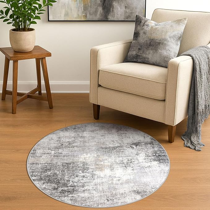 IOHOUZE Round Area Rug 3 Ft Circle Entryway Rugs Round Washable Door Mat Indoor Entrance, Non Slip Circle Front Door Rug, Printed Abstract Faux Wool Floor Carpet for Foyer Porch Sink, Grey Beige