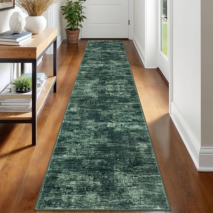 IOHOUZE Abstract Runner Rug 2x12 Ft Washable Runners for Hallways, Non Slip Kitchen Runner Printed Faux Wool Entryway Runner Indoor, Modern Abstract Floor Carpet for Hall Kitchen, Dark Green