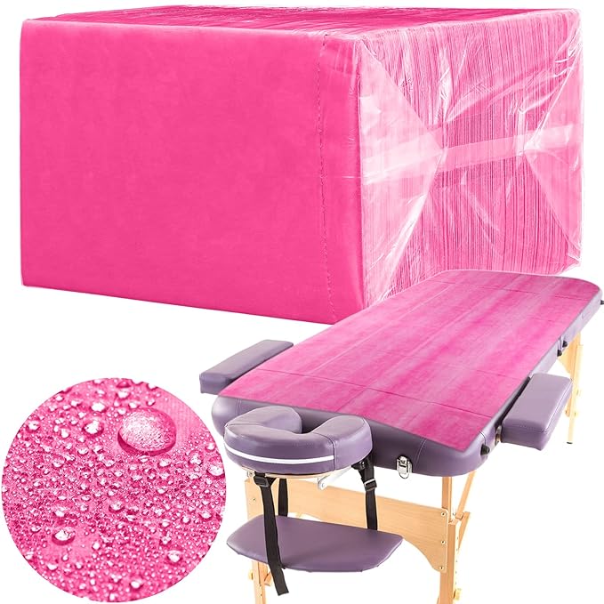 Breling 100 Pcs 31.5 x 71 Inch Disposable Bed Sheets Oil-proof PE Film Massage Table Sheets Non-woven Fabric Spa Waterproof Bed Cover Breathable for Beauty Salon Hotels Tattoo Waxing(Pink)