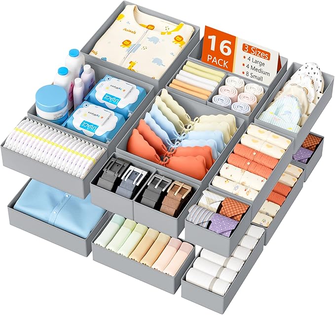 DIMJ Drawer Organizer Clothes - 16 Pack Baby Dresser Organizer for Nursery, Foldable Drawer Organizer Bins for Closet Bedroom Organization, Fabric Clothes Storage Dividers for Underwears, Socks, Bras