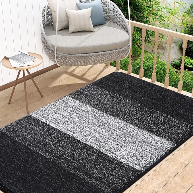 Kitinjoy Indoor Outdoor Door Mat, 48x32 Non-Slip Absorbent Dirt Trapper, Low-Profile Washable Inside Entrance Front Floor Mat, Sturdy Soft Entry Doormats for Entryway, Black