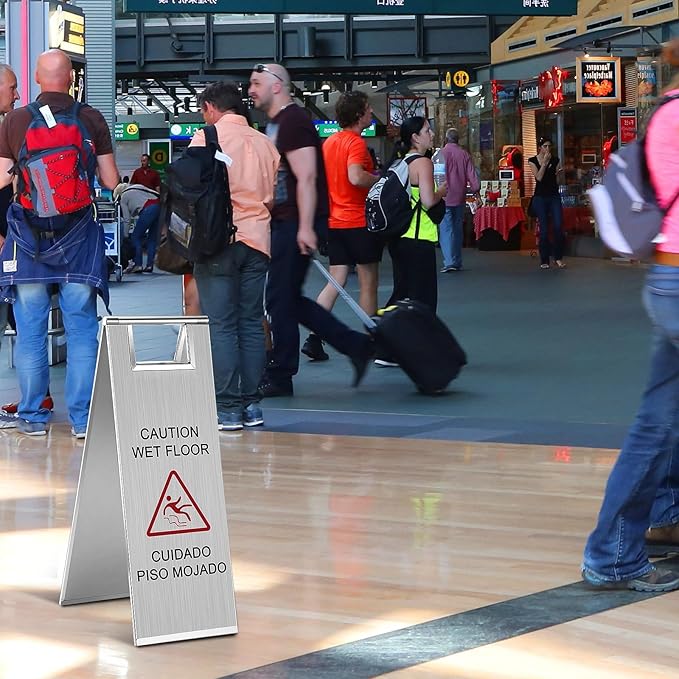 LEIFIDE 4 Pcs Stainless Steel Wet Floor Caution Sign Bulk 8.8 Pound Portable Foldable Handle Bilingual Safety Sign for Kitchen Restaurant Shop Commercial Use Avoid Fall and Slip Accident (Silver)