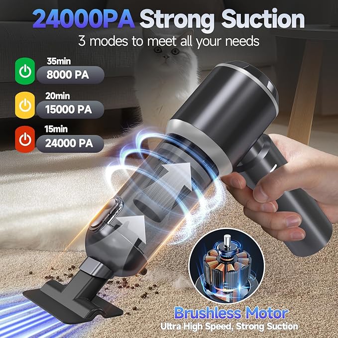 Car Vacuum Portable Cordless, Small Handheld Vacuum Cleaner with 24000PA High Power Suction, Mini Vacuum Cordless Rechargeable with One-Touch Empty, 10-in-1 Hand Vac for Car Home Office Dust