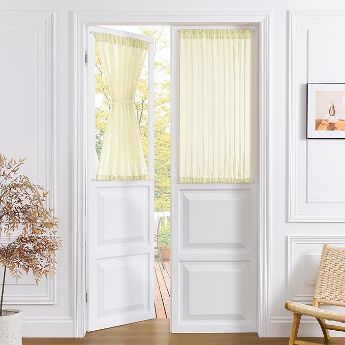 Tollpiz Small Sheer Door Curtain Closet Linen Textured Curtain Sheers Doorway Light Filtering Voile French Door Rod Pocket Curtains Patio Door, 25 x 40 inches Long, Transparent Yellow, Set of 1 Panel