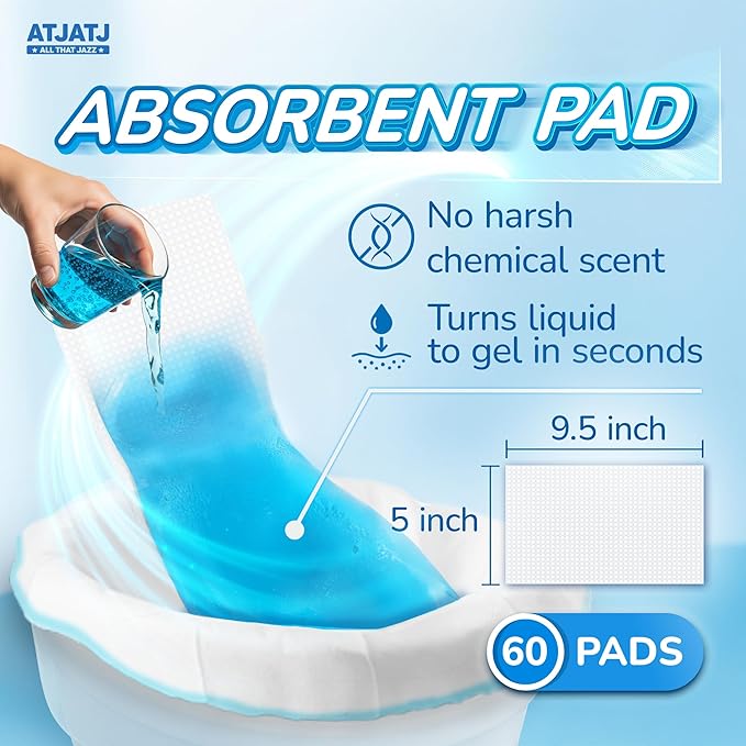 60 Packs Commode Liners With 60 Absorbent Pads, Leak-Proof Disposable Toilet Bags for Adults, Fits All Bedside Toilet Chairs Bucket, Portable Potty Liners for Home Medical Use, No Mess Cleanup