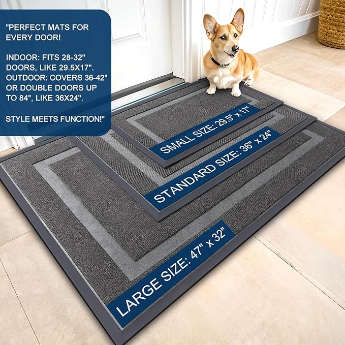 OLANLY Front Door Mat Indoor Outdoor Entrance, Waterproof All-Season, All-Weather Doormat, Sturdy Natural Rubber, Fade Resistant, Low Profile, Easy Clean Patio Porch Entryway Mat, 59x35, Dark Grey