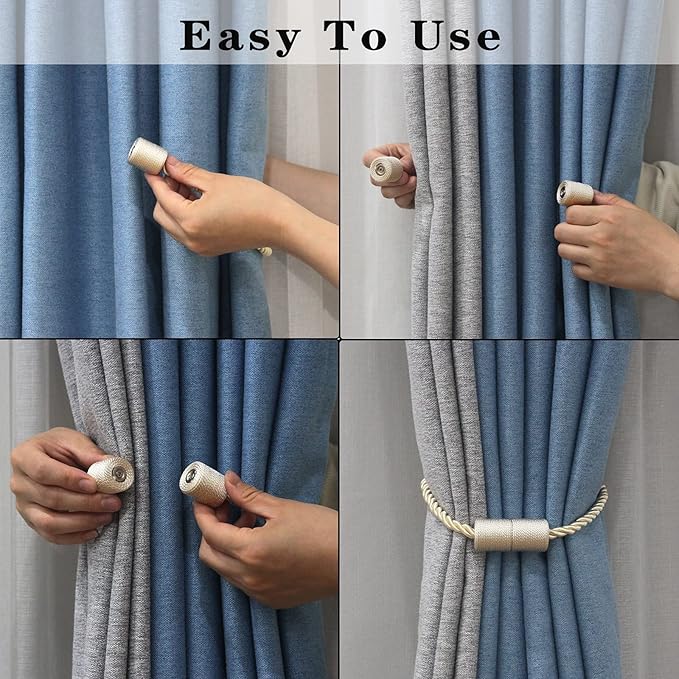 4 Pack Strong Magnetic Curtain Tiebacks Outdoor Elegant Decorative Tie Backs Modern Rope Tiebacks for Drapes Window Curtain Holdbacks for Draperies- Beige