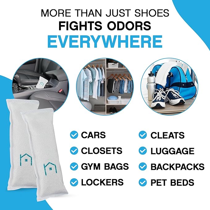 NonScents Shoe Deodorizer 2-Pack (4 Count) - Odor Eliminator, Air Freshener, Smell Absorber, Scent Remover for Shoes, Gym Bags, Soccer Cleats, Closets, Pet Area, Reusable - Shoe Deodorant