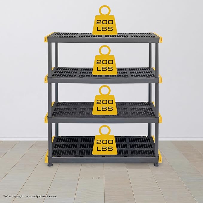 BLACK & YELLOW, 4-Tier Heavy Duty Plastic Storage Shelving Unit, 200lbs/shelf (55"H x 48"W x 20"D), for Indoor/Outdoor Organization, Modular Rack