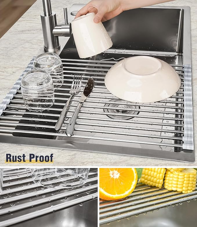 Tomorotec Stainless Steel Roll-Up Dish Drying Rack Marble Color Silicone Edges, Foldable Kitchen Rack Heat Resistant Trivet Supports up to 70 lbs, Food Safe for Dishes, Cookware & More