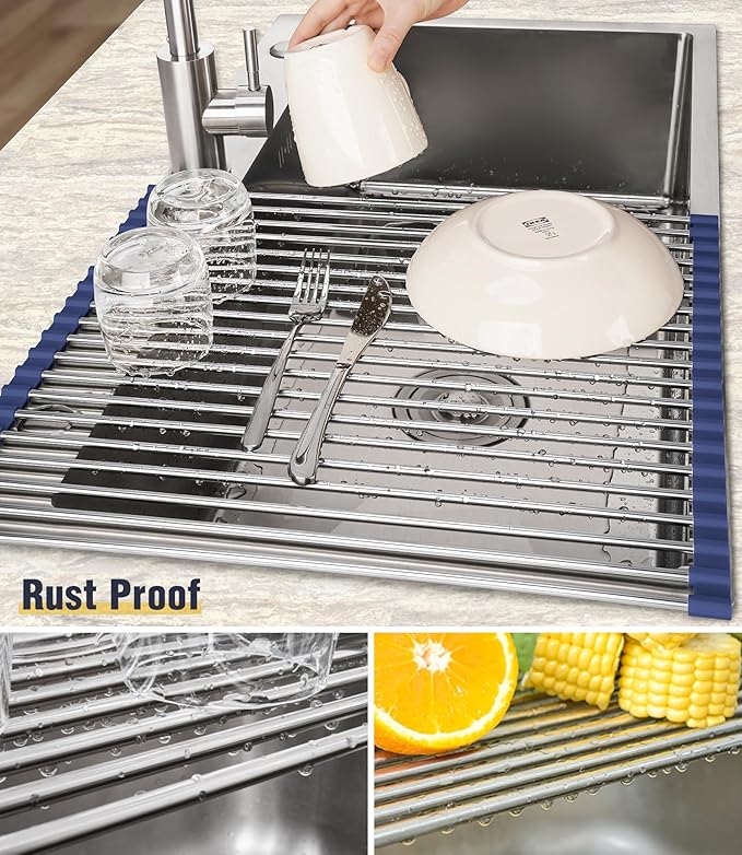 Tomorotec 17.7" x 15.5" Roll Up Dish Drying Rack Over Sink Drying Rack Sink Cover Kitchen Sink Accessories Gadget Multipurpose Organizer Foldable Stainless Steel Drainer