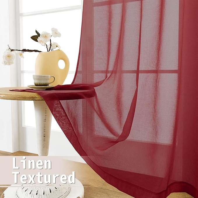 Tollpiz Sheer Curtains Closet Linen Textured Curtain Sheers Doorway Light Filtering Voile Patio Glass Door Rod Pocket Curtains French Door, 54 x 80 inches Long, Burgundy Red, Set of 1 Panel