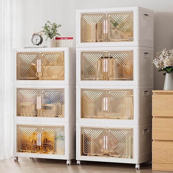 Storage Bins with Lid 76QT, Stackable Storage Containers with Wheels and Magnetic Doors, Plastic Clothes Closet Organizers and Storage Box for Pantry, Home and Office (5 Pack)