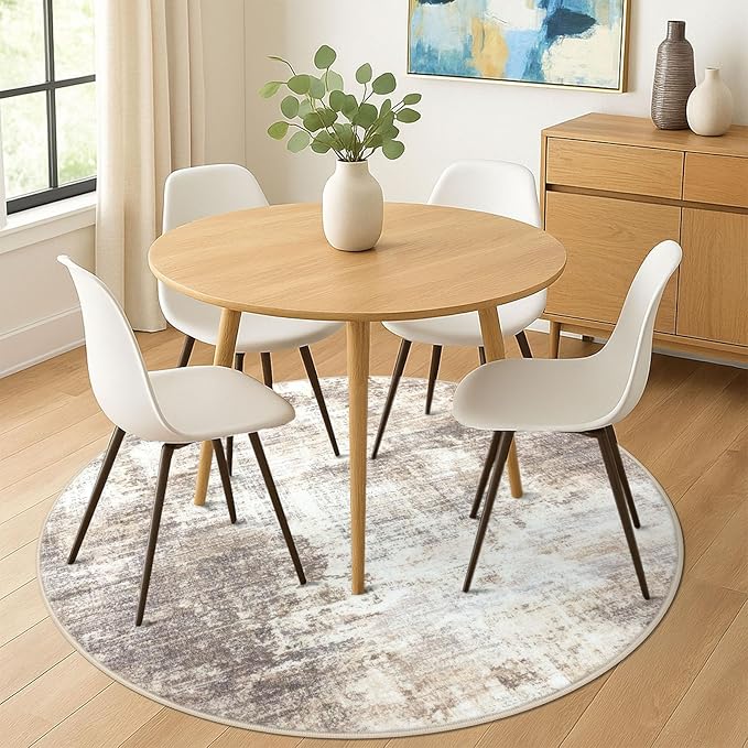 IOHOUZE Abstract Round Area Rug 6 Ft Washable Circle Rugs Large Round Rug Non Slip Thin Soft Circle Rugs, Printed Faux Wool Floor Carpet for Bedroom Living Room Dining Room Nursery, Beige Brown
