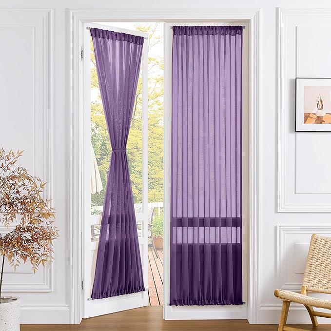 Tollpiz Sheer Door Curtains Closet Linen Textured Curtains Sheer Doorway Light Filtering Voile Rod French Door Pocket Curtain Patio Glass Door, 25 x 72 inches Long, Royal Purple, Set of 1 Panel