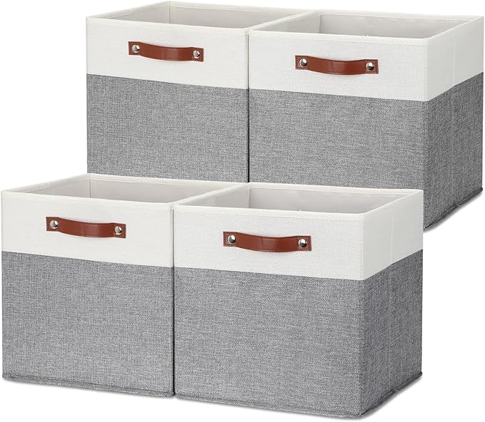 HNZIGE Foldable Storage Bins 13x13 Storage Cubes Set of 4 Fabric Linen Storage Baskets for Shelves Drawer with Handles Organizer for Shelves Toy Nursery Closet Bedroom