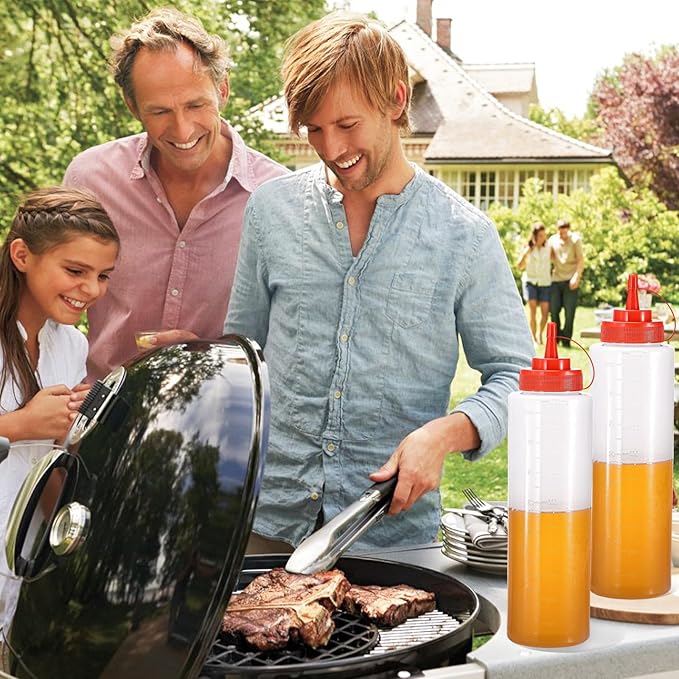 Condiment Squeeze Bottles Ketchup Dispenser, 4 Pack 32oz Squeeze Bottles for Liquids, Plastic Sauce Bottle with Cap Lid, Squirt Bottles for Sauces Liquids BBQ Dressing Pancake Art
