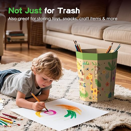 6-Pack Cardboard Trash Can – Foldable, Recyclable, Plastic-Free & Reusable Small Waste Paper Basket for Kids - Garbage Bin Perfect for Bedrooms, Playrooms, Children's Room & Outdoor (2.1 Gallon)