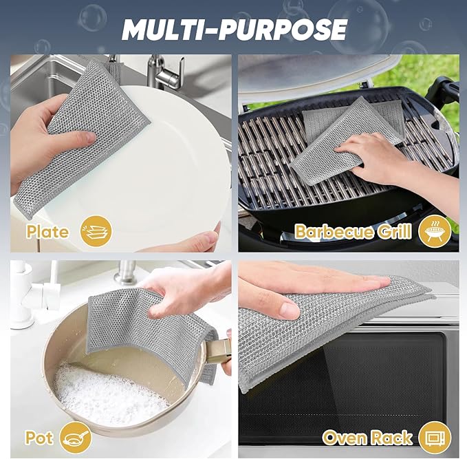 Orighty Multipurpose Wire Dishwashing Rag 12 Pcs, Upgraded Double-Layer Non-Scratch Wire Dish Cleaning Cloths, Reusable Steel Scrubber for Kitchen, Powerful Dishcloth Rag for Cookware, Grey, 7"x8"
