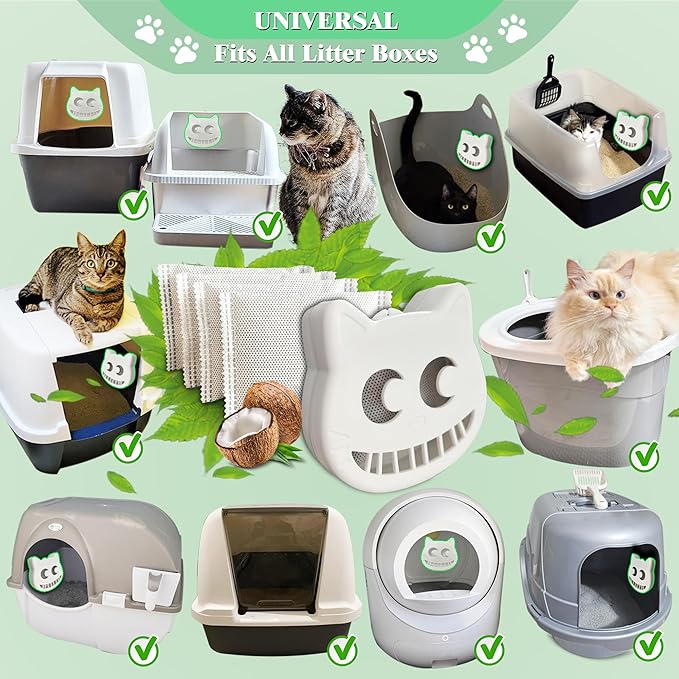 Unscented Cat Litter Box Deodorizer Kit Stick-On Activated Carbon Odor Eliminators Compatible with most manual and automatic litter boxes (4 Refills+ 1 Box) (White, Unscented)