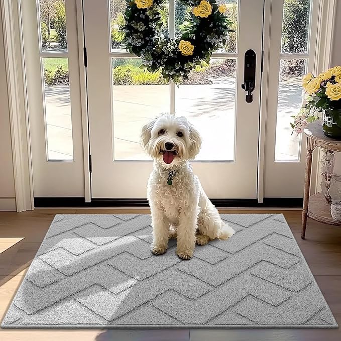 hicorfe Front Door Mat Outside Entrance,32"x40" Absorbent Muddy Dirt Resist Welcome Door Mats Outdoor Indoor,Stain and Fade Resistant,Non Slip Backing Entry Mat Doormat for Entryway(Light Grey)