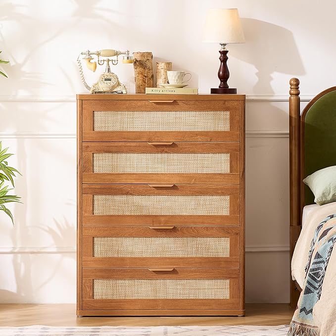 LEYAOYAO Dresser for Bedroom, 41" Tall Chest of Drawers, Modern 5 Drawers Boho Rattan Dressers with Storage, Dresser Wooden Closet Organizer for Living Room, Hallway, Tea Brown
