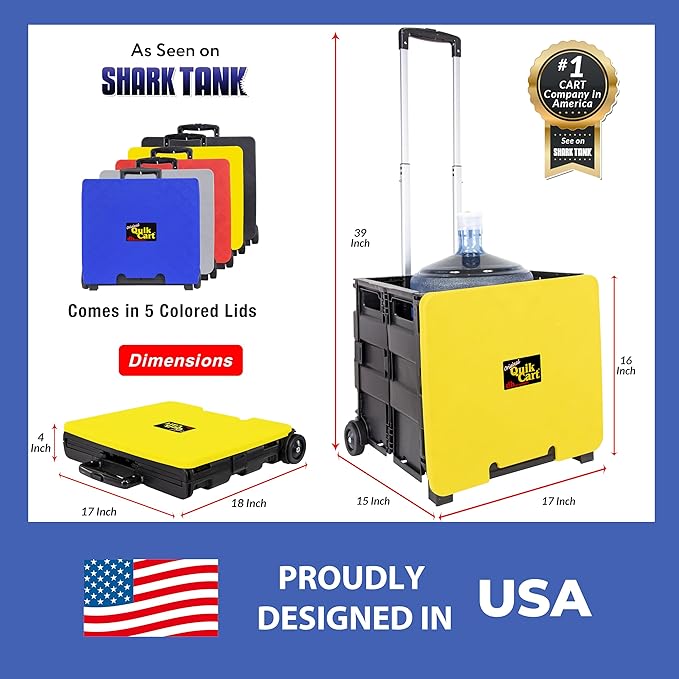 dbest products Quik Cart Collapsible Rolling Crate on Wheels for Teachers Tote Basket 80 lbs Capacity, Made from Heavy Duty Plastic and Used as a Seat, Canary, Yellow