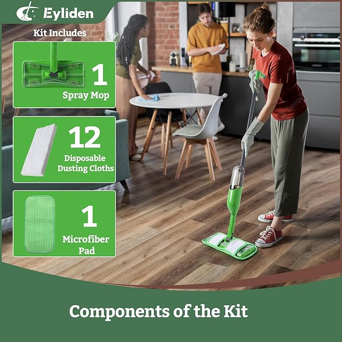 Eyliden Spray Mop - Design for Small Spaces | 12 Disposable Cloths, 1 Reusable Pad, 13 oz Refillable Bottle | Wet Mops for Apartments and Dorms Floors, Lock Tight Design, No Lost Pads - Swivel Head