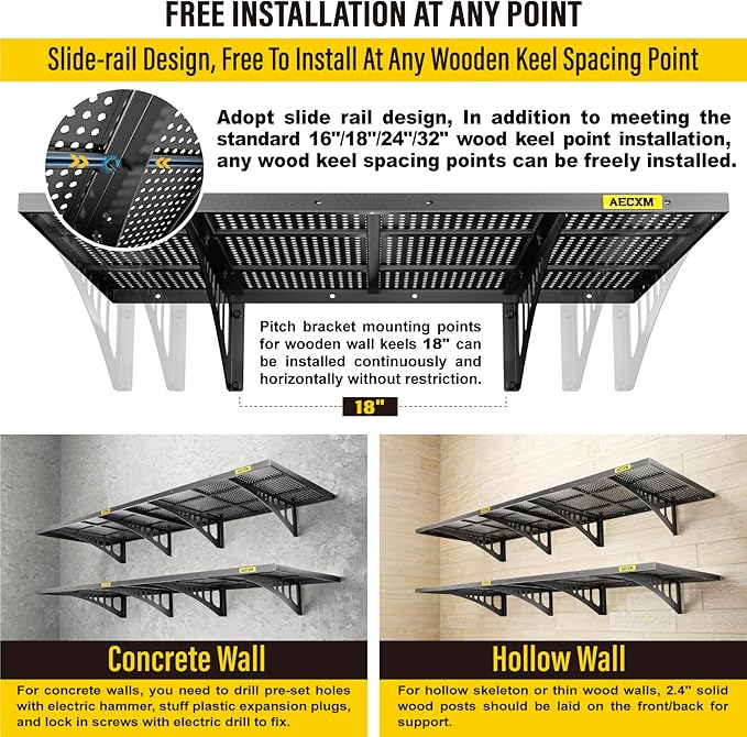 4-Pack 2x3ft Adjustable Garage Wall Shelving 1120lbs Load Capacity Heavy Duty Wall Mounted Storage Shelf Metal Floating Shelves for Garage(Black)