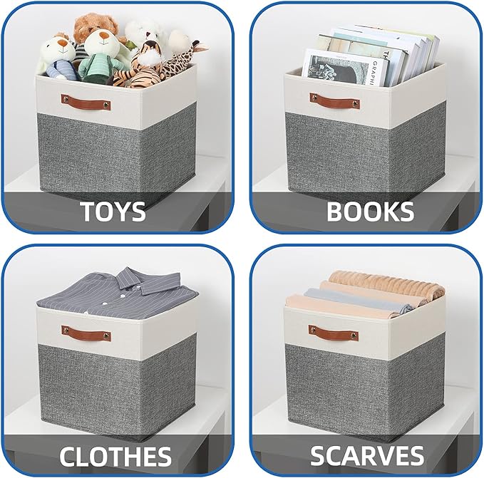 Temary 13x13 Storage Cubes 4 Pack Fabric Cube Storage Bins Large Storage Baskets with Leather Handles, Decorative Storage Boxes for Organizing Closet, Clothes, Foldable Cloth Baskets for Shelves