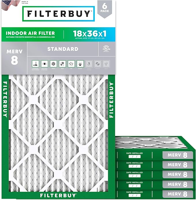 Filterbuy 18x36x1 Air Filter MERV 8 (MPR 700) Dust Defense Replacement (6-Pack), Electrostatic Pleated HVAC AC Furnace Filters, Made in USA (Actual Size: 17.50 x 35.50 x 0.75)