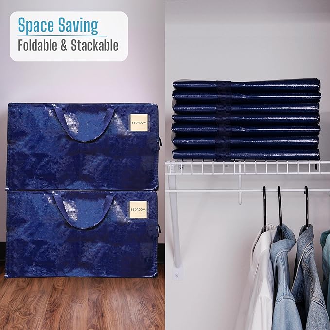 VENO 6 Pack Moving and Storage Bags, Heavy Duty, Alternative to Moving Boxes, Large Packing Totes Supplies for College Dorm Room with Zipper for Clothes, Wide Open Design (Blue, 6 Pack)