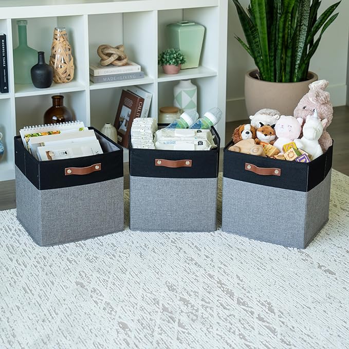 OrganiHaus 13x13 Cube Fabric Storage Bins Set of 4, Fabric Storage Cubes w/ Vegan Handles, 13 inch Collapsible Bins for Clothes & Toy Organizer, Cubbies Organizer, 13x13 Basket for Decor - Grey/Black
