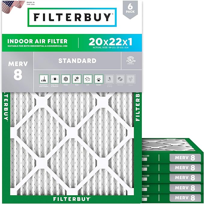 Filterbuy 20x22x1 Air Filter MERV 8 (MPR 700) Dust Defense Replacement (6-Pack), Electrostatic Pleated HVAC AC Furnace Filters, Made in USA (Actual Size: 19.50 x 21.50 x 0.75)