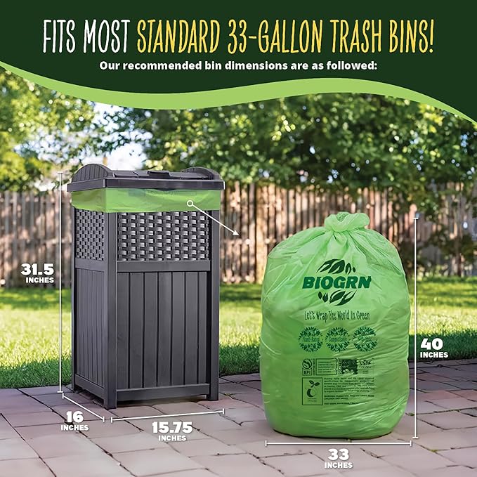 30-33 Gallon Compostable Trash Bags Flat-Top 30 Bags Heavy Duty1.57 Mil, 124.92 Liter Large Lawn and Yard Waste Bag green for Outdoor Garden ASTM D6400, US BPI and OK Compost Home Certified
