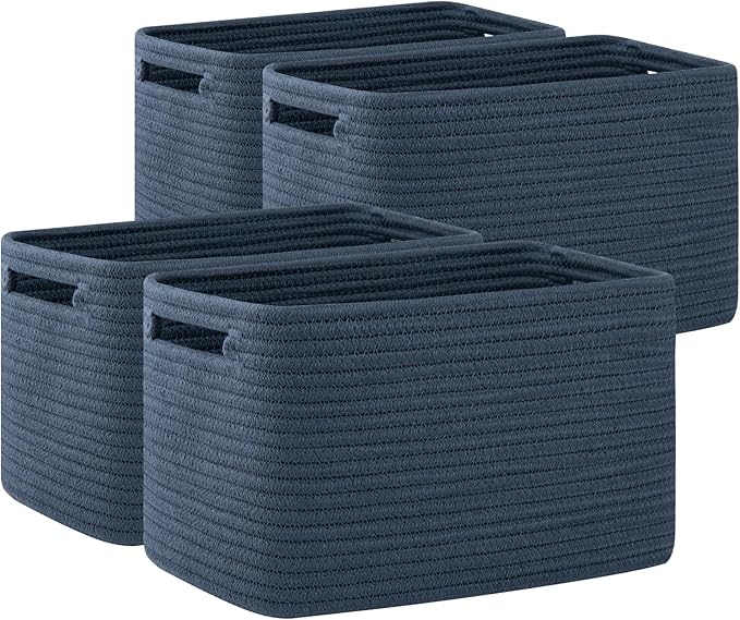 OIAHOMY 4 Pack Storage Baskets for Organizing, Cube Storage Bins for Shelves, Rectangle Storage Baskets With Handles, Woven Baskets for Storage, 12.7''Lx9''Wx7.8''H, Blue