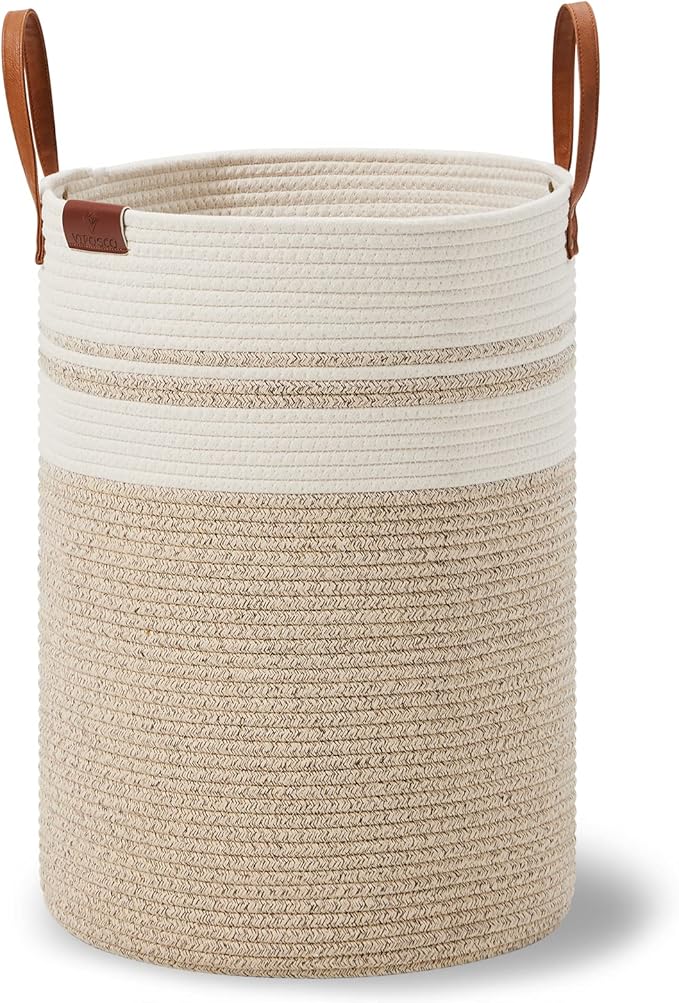 VIPOSCO Tall Laundry Basket, Large Dirty Clothes Hamper with Leather Handle, Woven Rope Storage Basket for Blanket, Toy In Living Room, Bathroom, Bedroom - 72L Brown & White