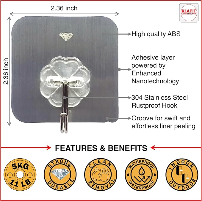 KLAPiT Super Hook - Heavy-Duty Adhesive Wall Hooks, Holds Up to 11 lbs, Waterproof, No Damage, Easy Install on Tile, Wood, Stone, Glass & Metal - Made of Steel (Silver, 8pc)